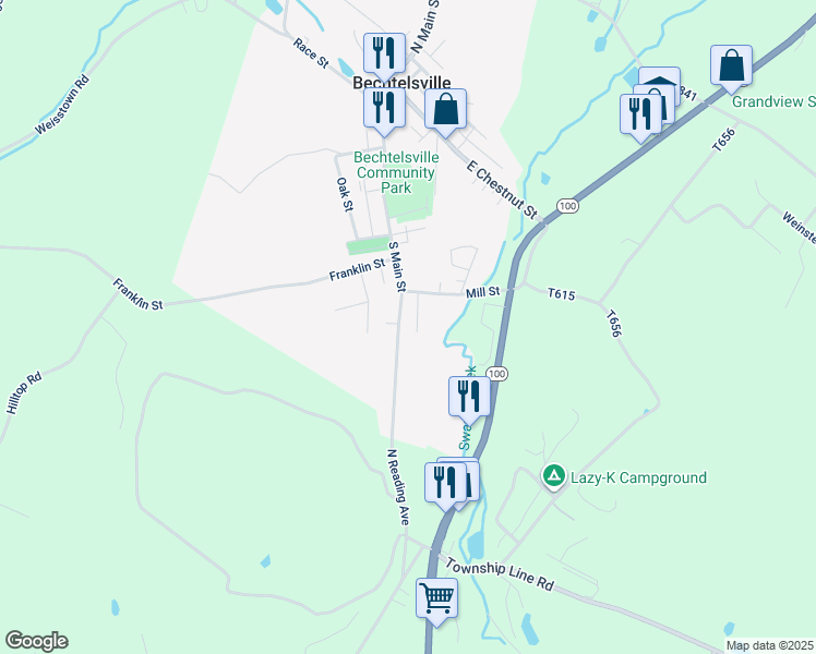 map of restaurants, bars, coffee shops, grocery stores, and more near 1644 South Main Street in Bechtelsville
