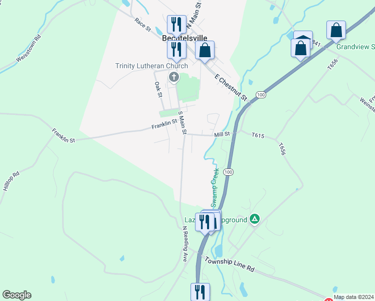 map of restaurants, bars, coffee shops, grocery stores, and more near 1644 South Main Street in Bechtelsville