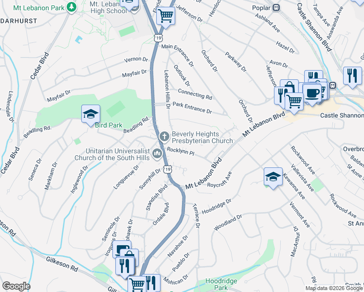 map of restaurants, bars, coffee shops, grocery stores, and more near 100 Crestvue Manor Drive in Pittsburgh