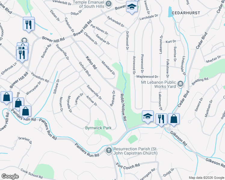 map of restaurants, bars, coffee shops, grocery stores, and more near 691 Kelso Road in Pittsburgh
