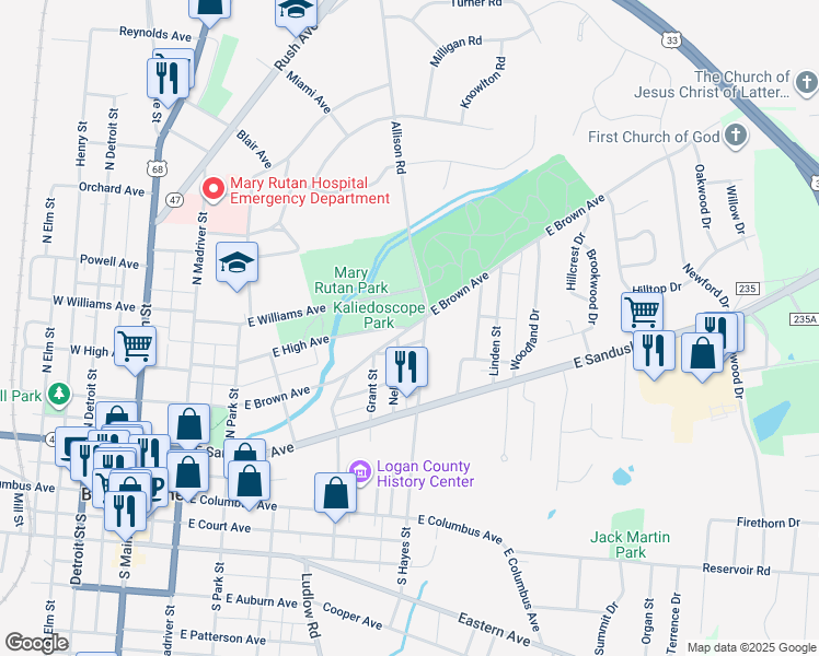 map of restaurants, bars, coffee shops, grocery stores, and more near 600 East Brown Avenue in Bellefontaine