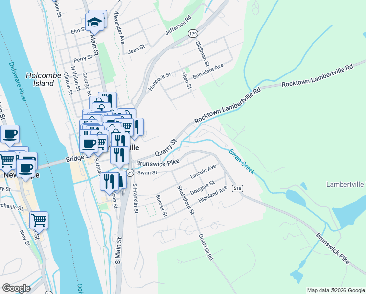 map of restaurants, bars, coffee shops, grocery stores, and more near 9 Rock Creek Woods Drive in Lambertville
