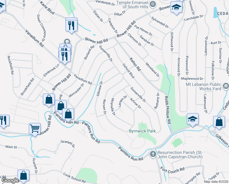 map of restaurants, bars, coffee shops, grocery stores, and more near 1632 Moynelle Drive in Pittsburgh