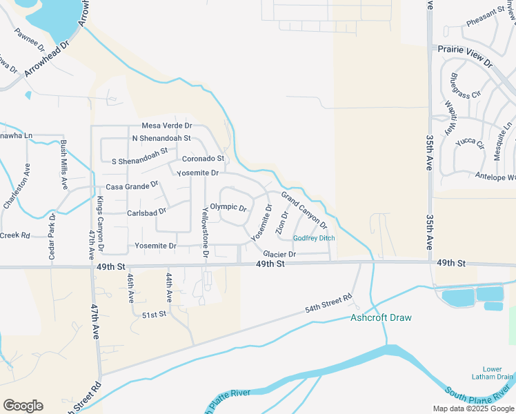 map of restaurants, bars, coffee shops, grocery stores, and more near 3901 Yosemite Drive in Greeley