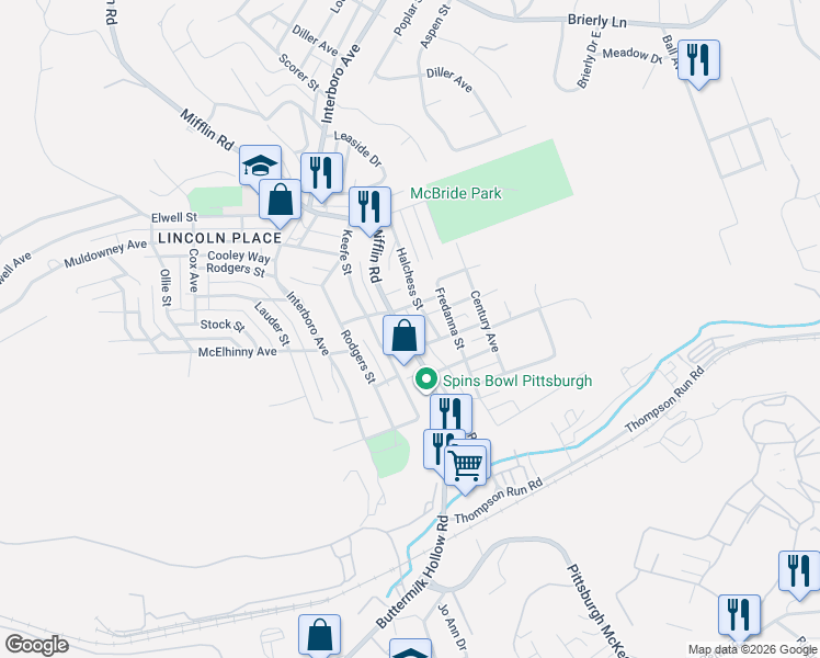 map of restaurants, bars, coffee shops, grocery stores, and more near 5703 Mifflin Road in Pittsburgh