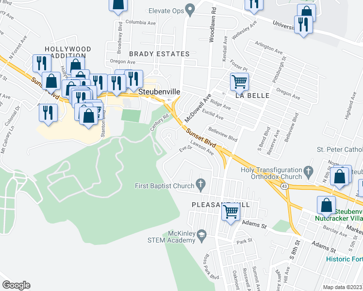 map of restaurants, bars, coffee shops, grocery stores, and more near 2060 Eve Drive in Steubenville