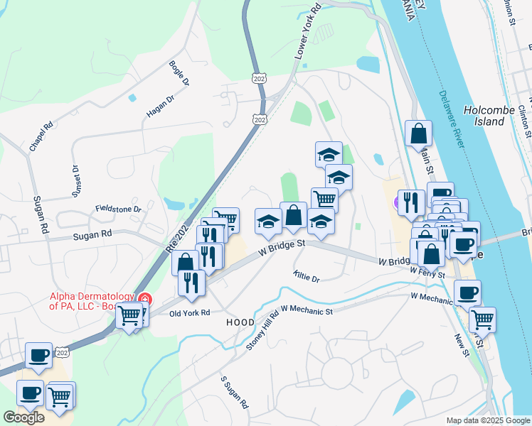 map of restaurants, bars, coffee shops, grocery stores, and more near 101 Riverstone Circle in New Hope