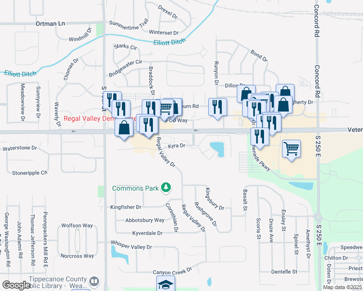 map of restaurants, bars, coffee shops, grocery stores, and more near Kyra Drive in Lafayette