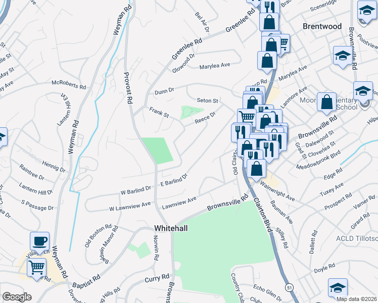 map of restaurants, bars, coffee shops, grocery stores, and more near 4365 East Brightview Avenue in Pittsburgh