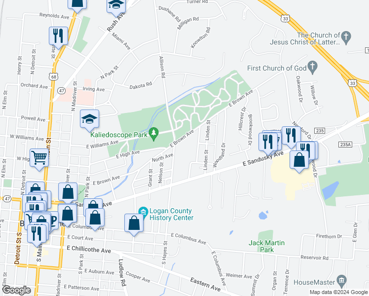 map of restaurants, bars, coffee shops, grocery stores, and more near 600 East Brown Avenue in Bellefontaine