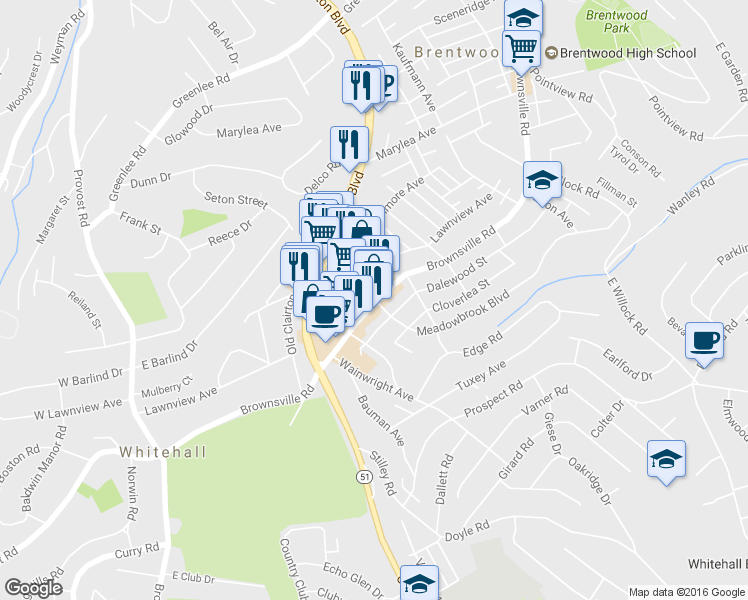 map of restaurants, bars, coffee shops, grocery stores, and more near 4100 Brownsville Rd in Pittsburgh