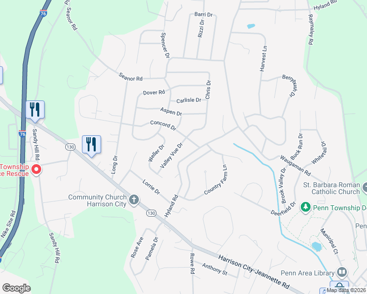 map of restaurants, bars, coffee shops, grocery stores, and more near 25 Valley Vue Drive in Irwin