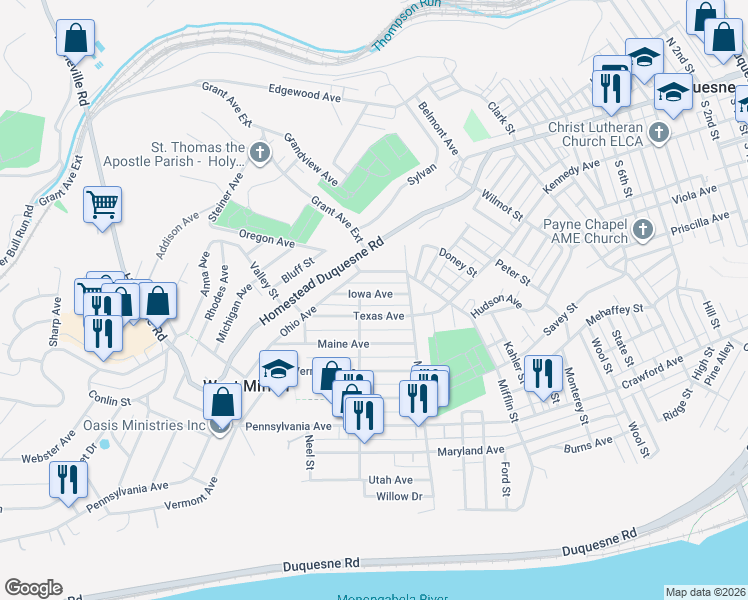 map of restaurants, bars, coffee shops, grocery stores, and more near 1800 Iowa Street in West Mifflin