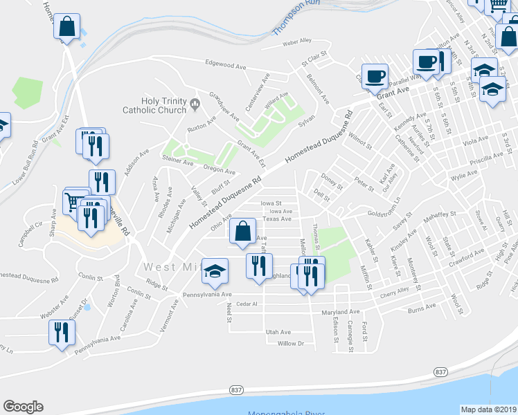map of restaurants, bars, coffee shops, grocery stores, and more near 1800 Iowa Street in West Mifflin