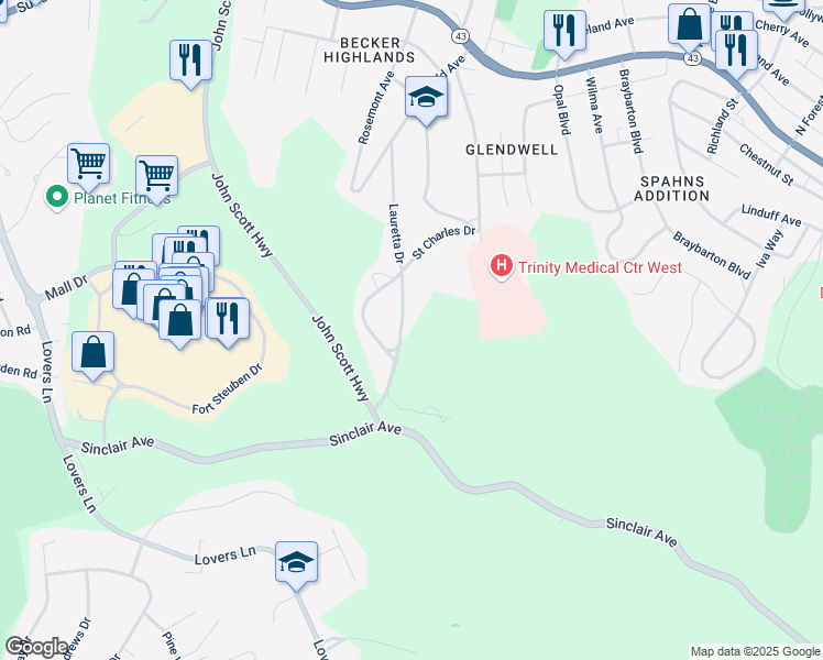 map of restaurants, bars, coffee shops, grocery stores, and more near 520 Lauretta Drive in Steubenville