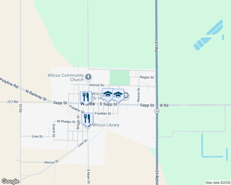 map of restaurants, bars, coffee shops, grocery stores, and more near 212 North Clegg Street in Wilcox