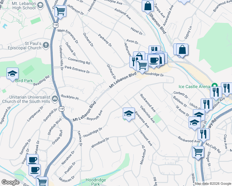 map of restaurants, bars, coffee shops, grocery stores, and more near 217 Roycroft Avenue in Pittsburgh