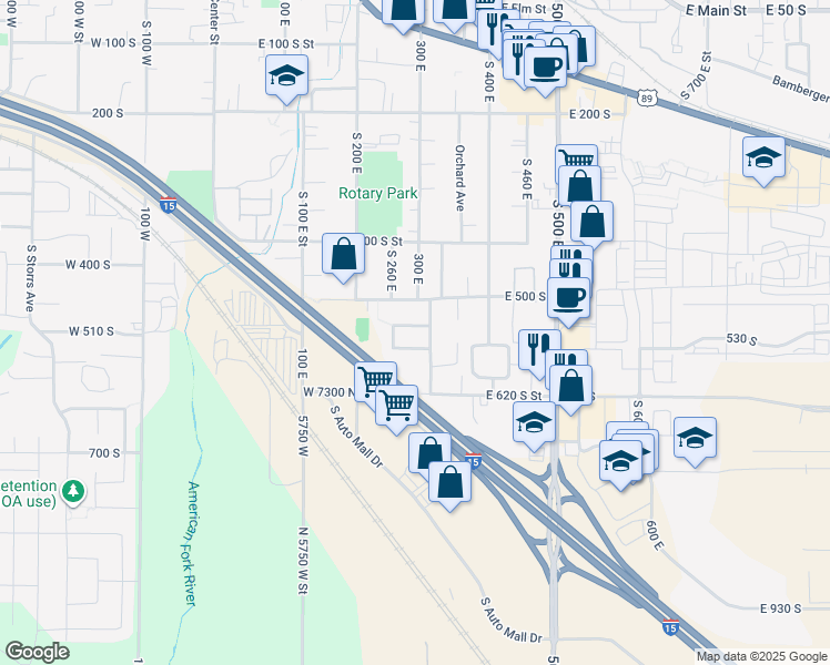 map of restaurants, bars, coffee shops, grocery stores, and more near 296 East 530 South Street in American Fork