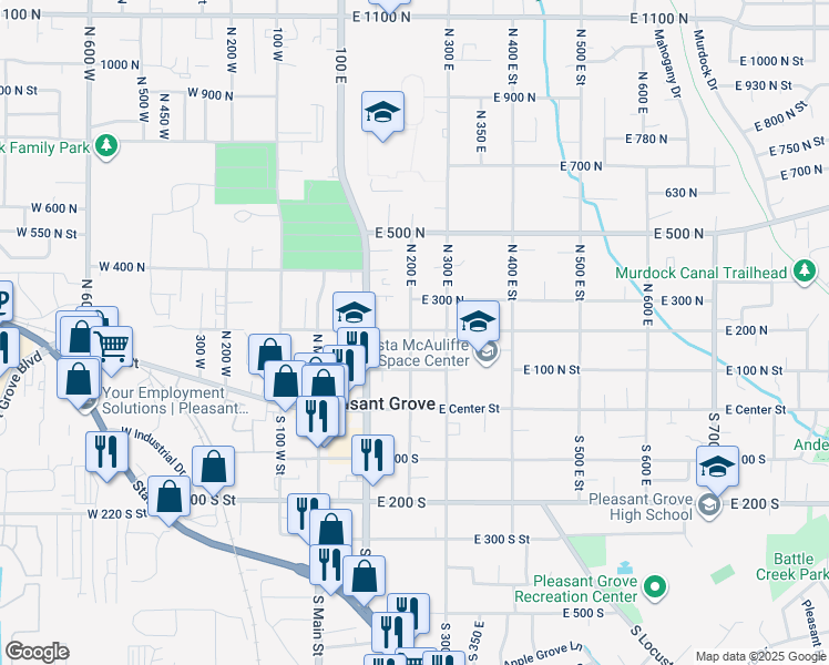 map of restaurants, bars, coffee shops, grocery stores, and more near 255 East 200 North in Pleasant Grove