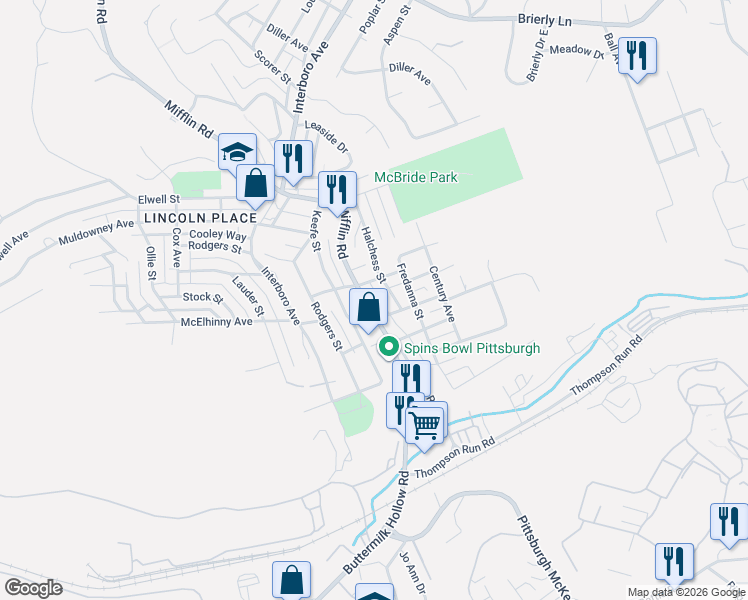map of restaurants, bars, coffee shops, grocery stores, and more near 5703 Mifflin Road in Pittsburgh