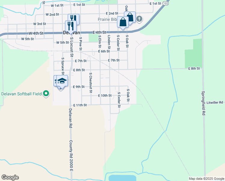 map of restaurants, bars, coffee shops, grocery stores, and more near 500-598 East 9th Street in Delavan