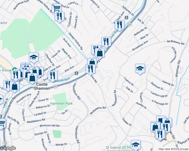 map of restaurants, bars, coffee shops, grocery stores, and more near 1227 Grove Road in Pittsburgh