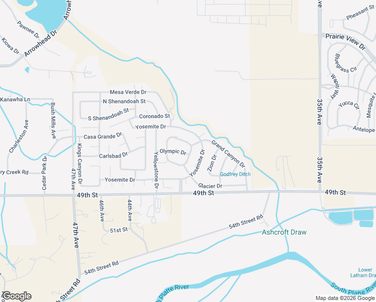 map of restaurants, bars, coffee shops, grocery stores, and more near 4210 Grand Teton Road in Greeley