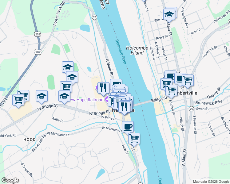map of restaurants, bars, coffee shops, grocery stores, and more near 68 North Main Street in New Hope