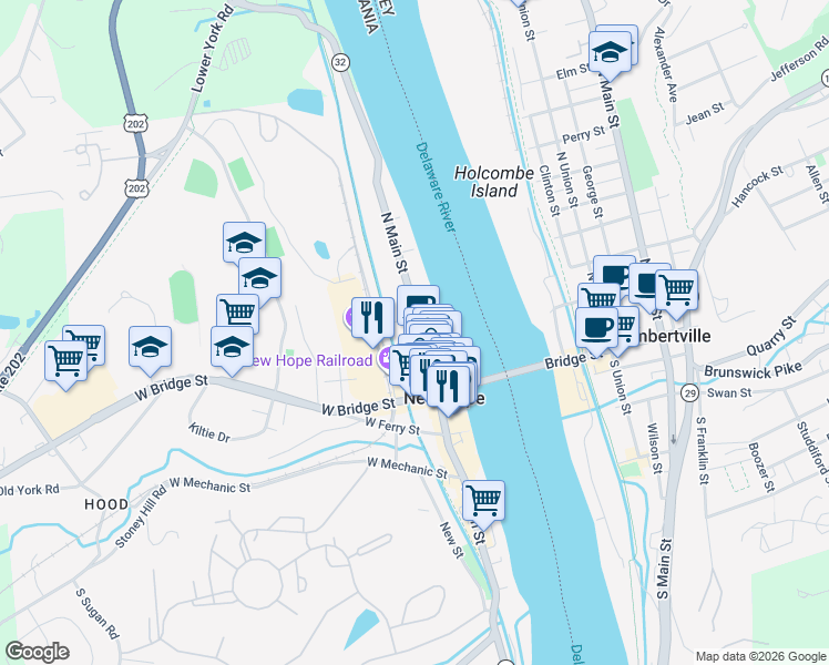 map of restaurants, bars, coffee shops, grocery stores, and more near 68 North Main Street in New Hope
