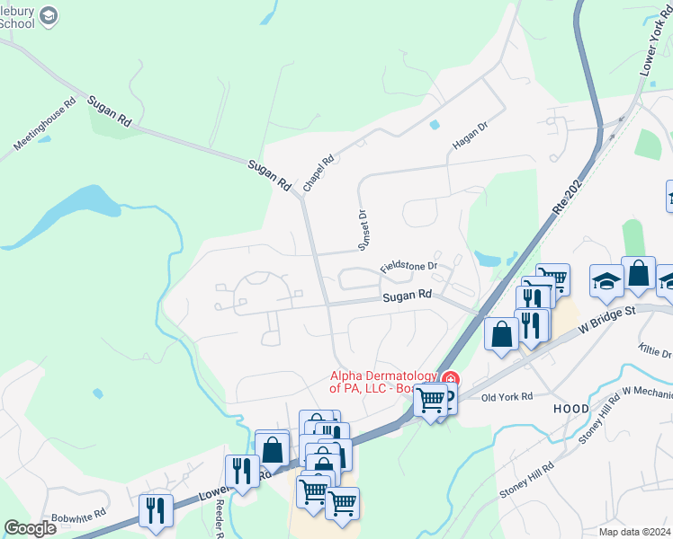 map of restaurants, bars, coffee shops, grocery stores, and more near 253 Deerfield Court in New Hope