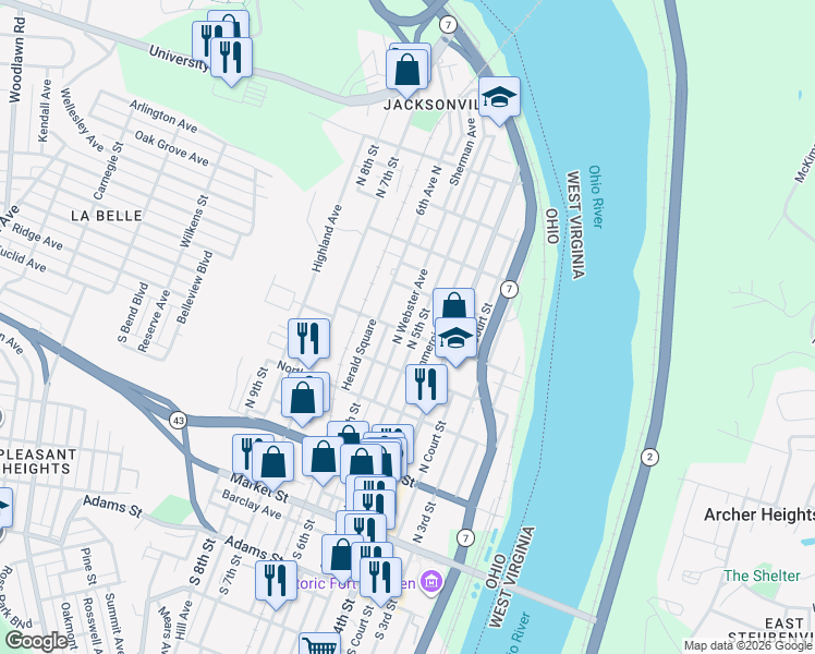 map of restaurants, bars, coffee shops, grocery stores, and more near 529 Logan Street in Steubenville
