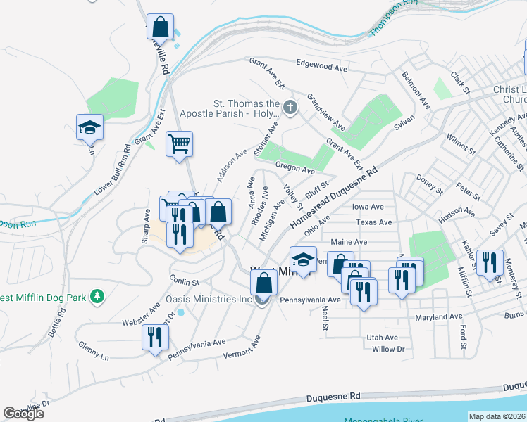 map of restaurants, bars, coffee shops, grocery stores, and more near 1947 Rhodes Avenue in West Mifflin