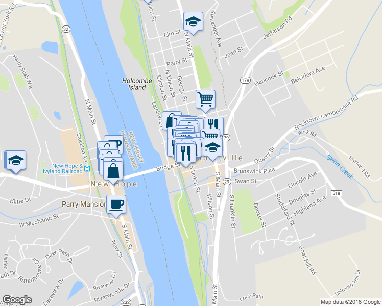 map of restaurants, bars, coffee shops, grocery stores, and more near 12 North Union Street in Lambertville
