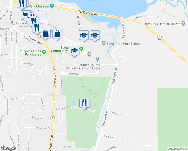 map of restaurants, bars, coffee shops, grocery stores, and more near 1600 Wapiti Circle in Estes Park