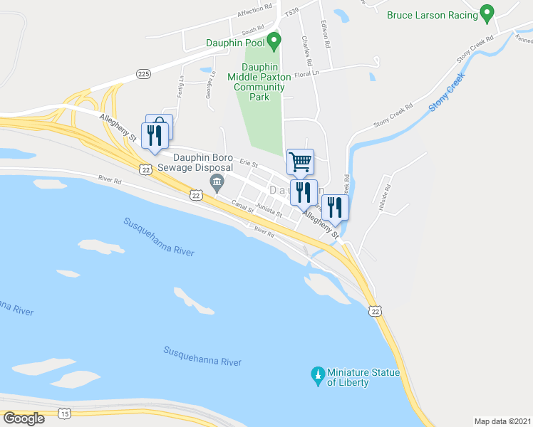 map of restaurants, bars, coffee shops, grocery stores, and more near 406 Juniata Street in Dauphin