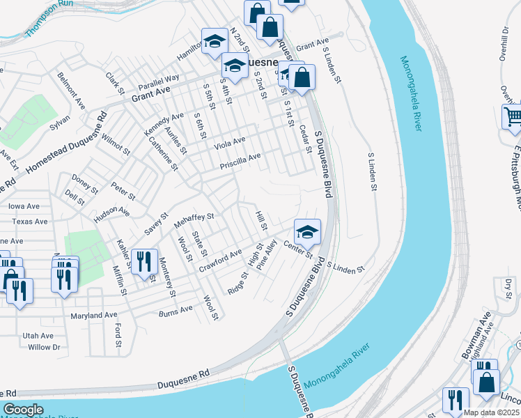 map of restaurants, bars, coffee shops, grocery stores, and more near 611 Hill Street in Duquesne