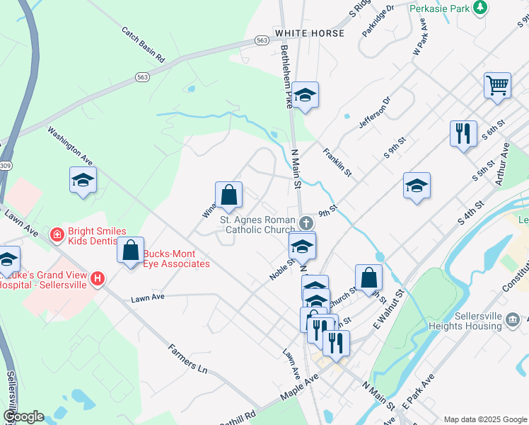 map of restaurants, bars, coffee shops, grocery stores, and more near 518 Barrington Court in Sellersville