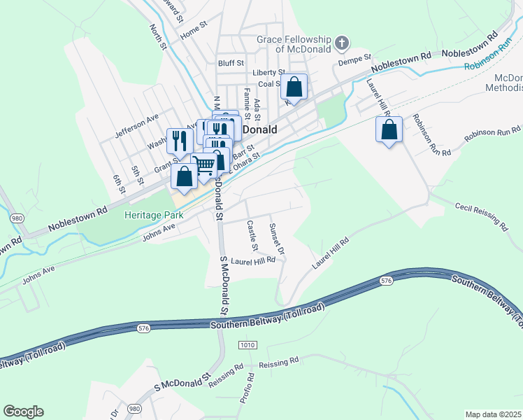 map of restaurants, bars, coffee shops, grocery stores, and more near 303 Roosevelt Avenue in McDonald