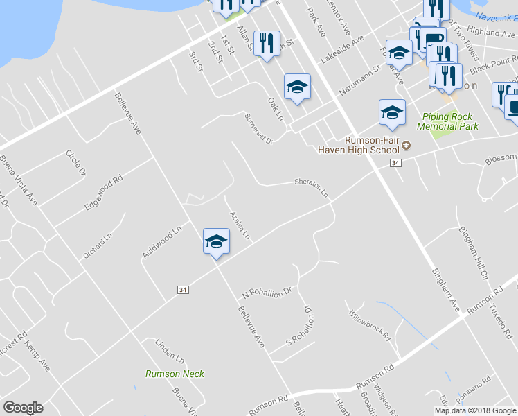 map of restaurants, bars, coffee shops, grocery stores, and more near 96 Ridge Road in Rumson