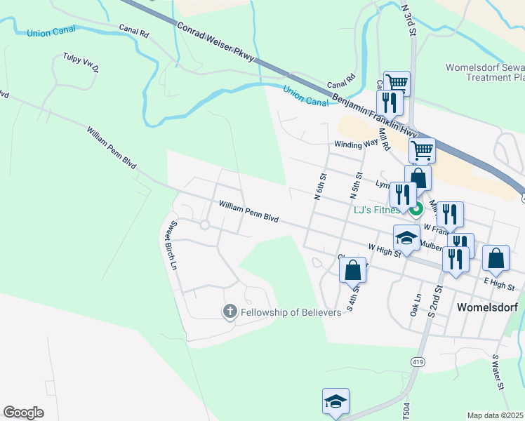 map of restaurants, bars, coffee shops, grocery stores, and more near 755 William Penn Boulevard in Womelsdorf