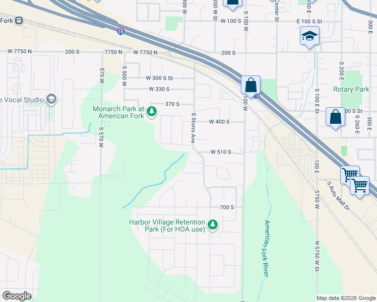 map of restaurants, bars, coffee shops, grocery stores, and more near 508 South Storrs Avenue in American Fork