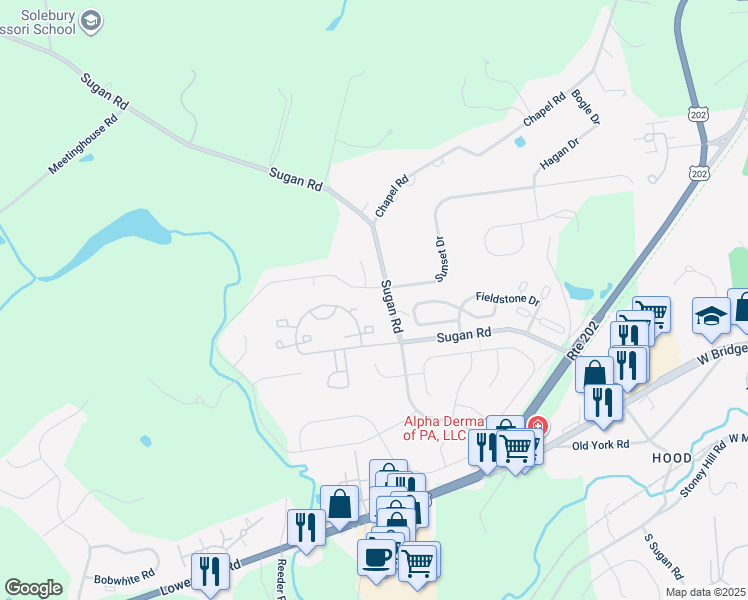 map of restaurants, bars, coffee shops, grocery stores, and more near 2565 Sugan Road in New Hope