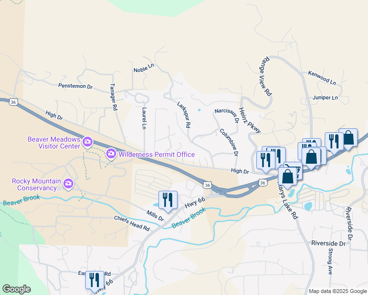map of restaurants, bars, coffee shops, grocery stores, and more near 751 Larkspur Road in Estes Park