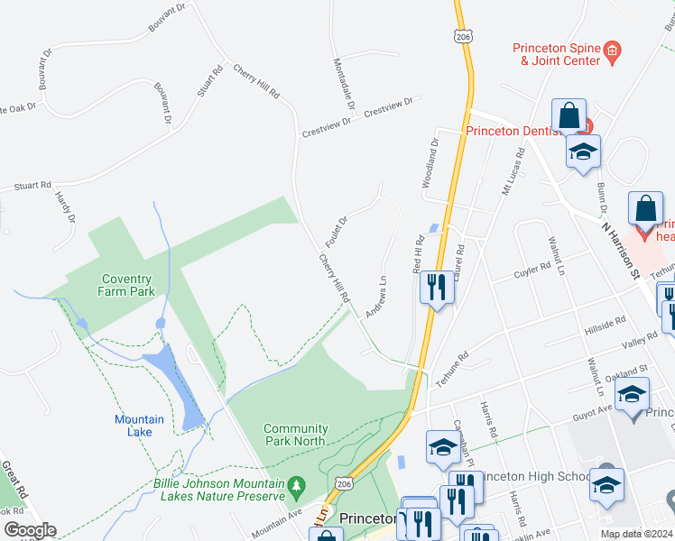 map of restaurants, bars, coffee shops, grocery stores, and more near 50 David Brearly Court in Princeton
