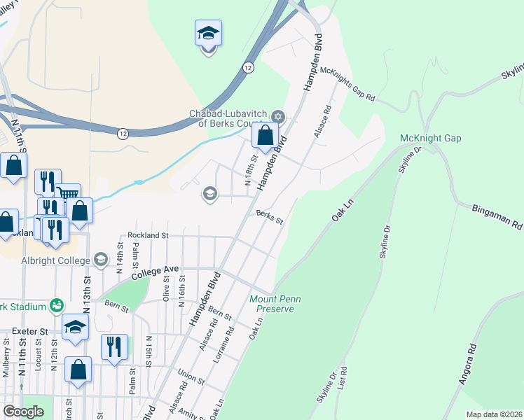 map of restaurants, bars, coffee shops, grocery stores, and more near 2131 Hampden Boulevard in Reading