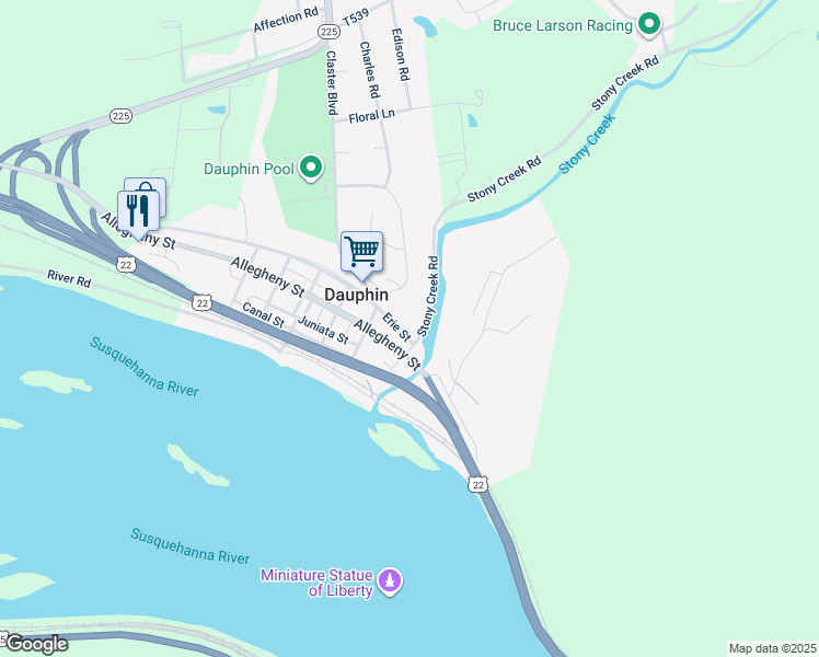 map of restaurants, bars, coffee shops, grocery stores, and more near 211 Erie Street in Dauphin