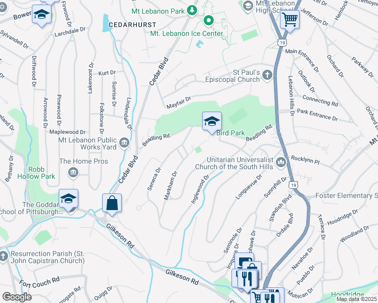map of restaurants, bars, coffee shops, grocery stores, and more near 40 Markham Drive in Pittsburgh