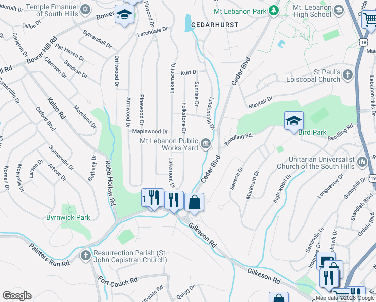 map of restaurants, bars, coffee shops, grocery stores, and more near 1279 Folkstone Dr in Pittsburgh