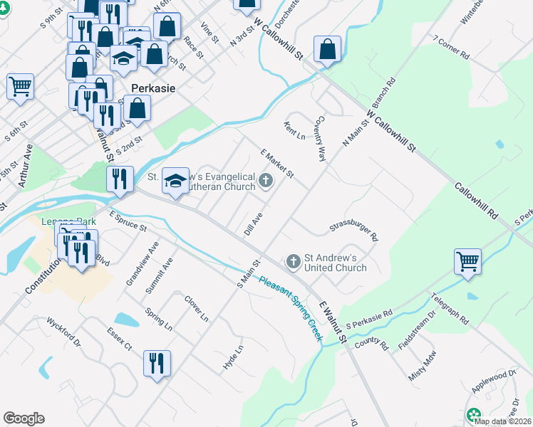 map of restaurants, bars, coffee shops, grocery stores, and more near 120 Dill Avenue in Perkasie