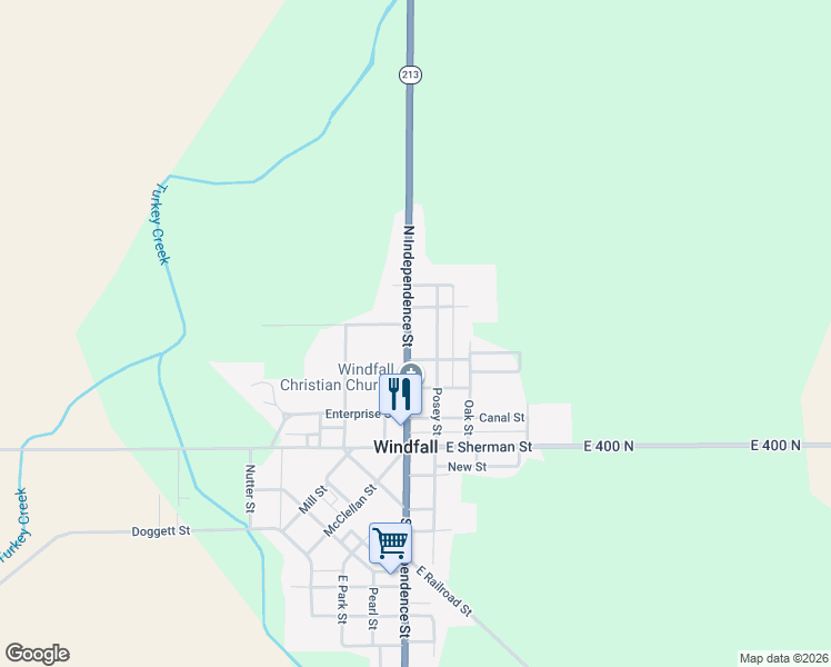 map of restaurants, bars, coffee shops, grocery stores, and more near 419 North Independence Street in Windfall